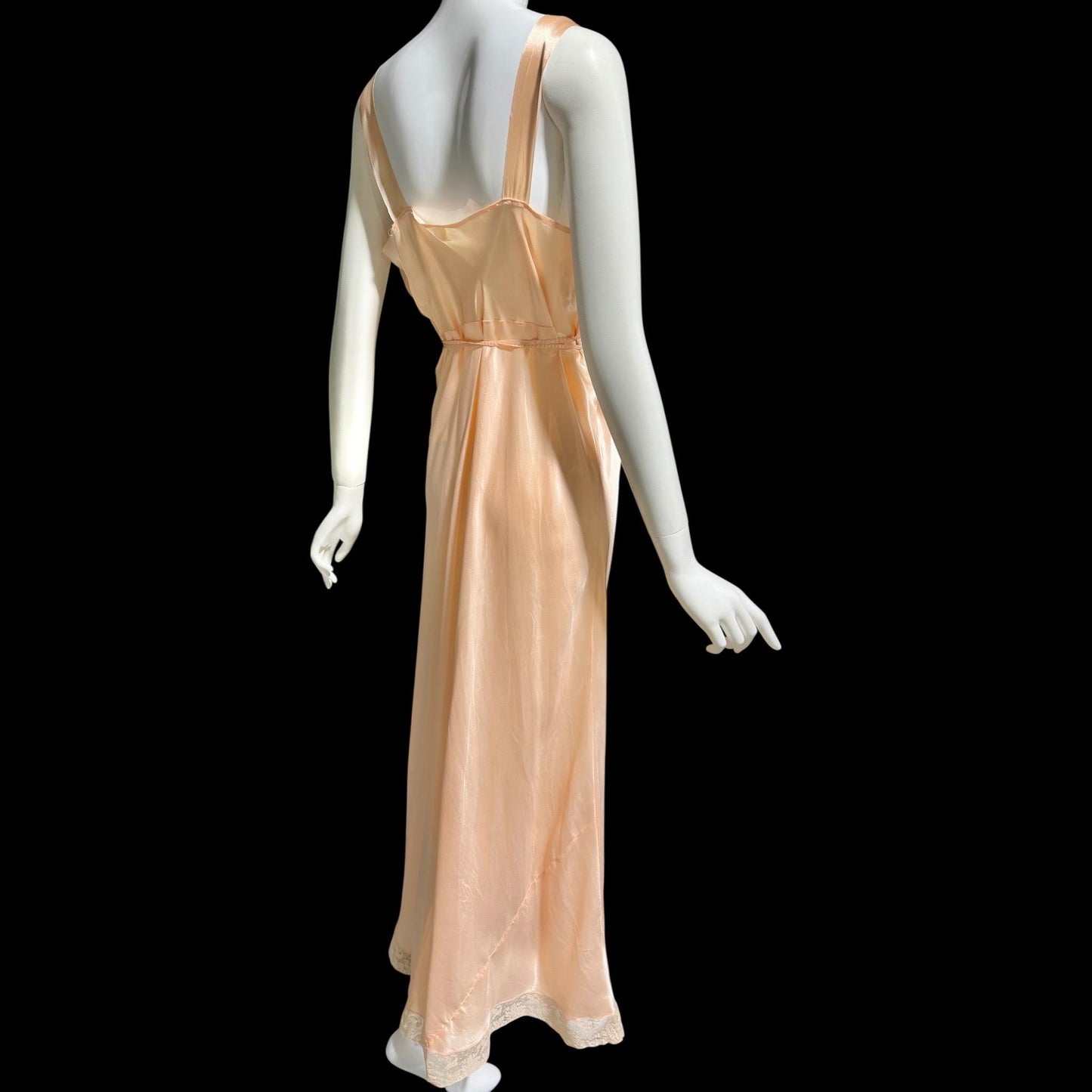 MISS SIREN, vintage 1930s Nightgown slip dress, shiny peach rayon bias cut lacy slip dress