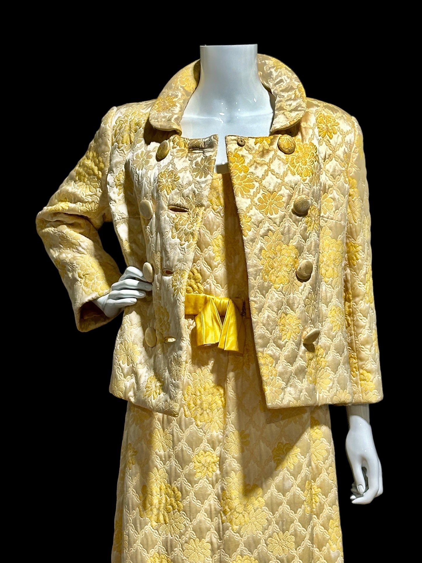 MOLLIE PARNIS Nan Duskin 1960s vintage evening dress, gold floral silk damask 2 pc gown and matching coat ensemble