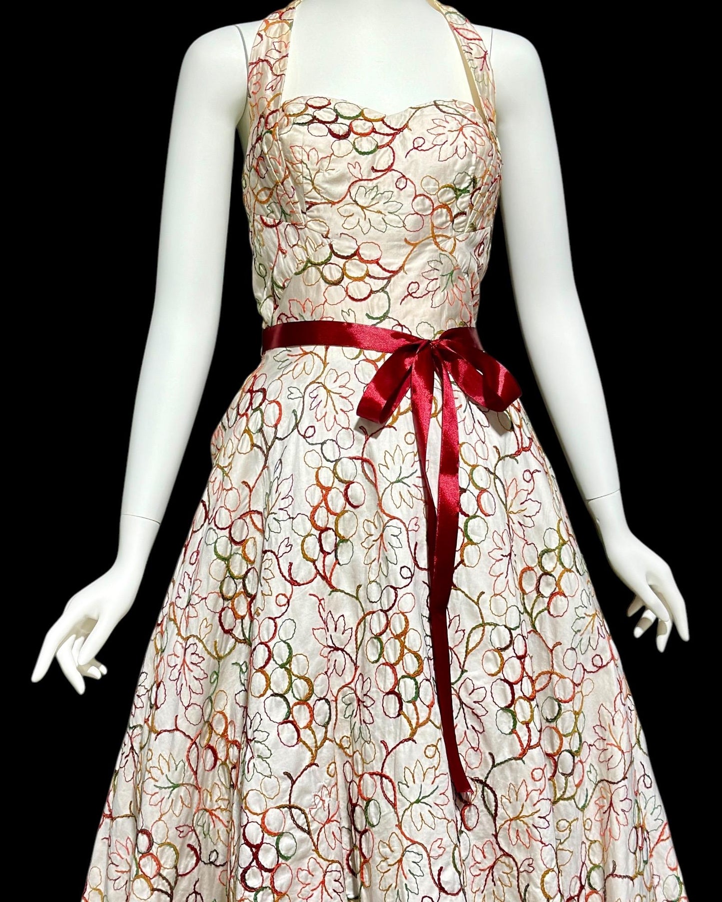 ALIX OF MIAMI, vintage 1950s Halter Sundress, cotton pinup dress with embroidery