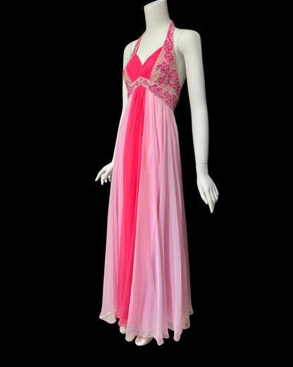 MIKE BENET evening prom dress, 1960s vintage pink chiffon beaded halter evening ball gown