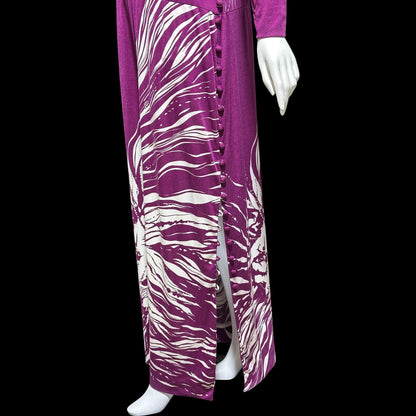 PAGANNE GENE BERK, vintage 1970s Maxi Dress, Purple white Lion face jersey knit evening dress, Stretchy, medium large