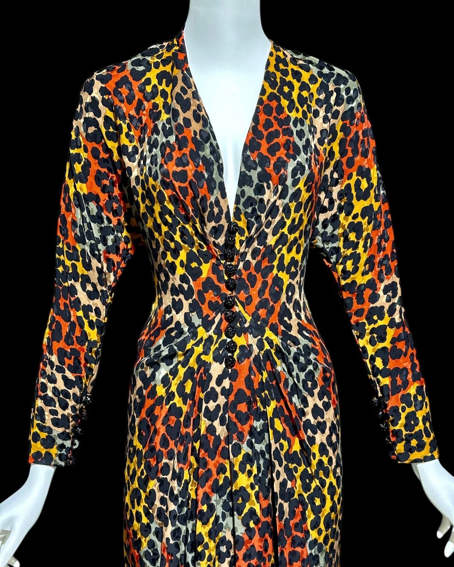 ADOLFO vintage 1980s silk dress, SAKS Fifth Ave, Animal print Office evening party dress, deep V long sleeve