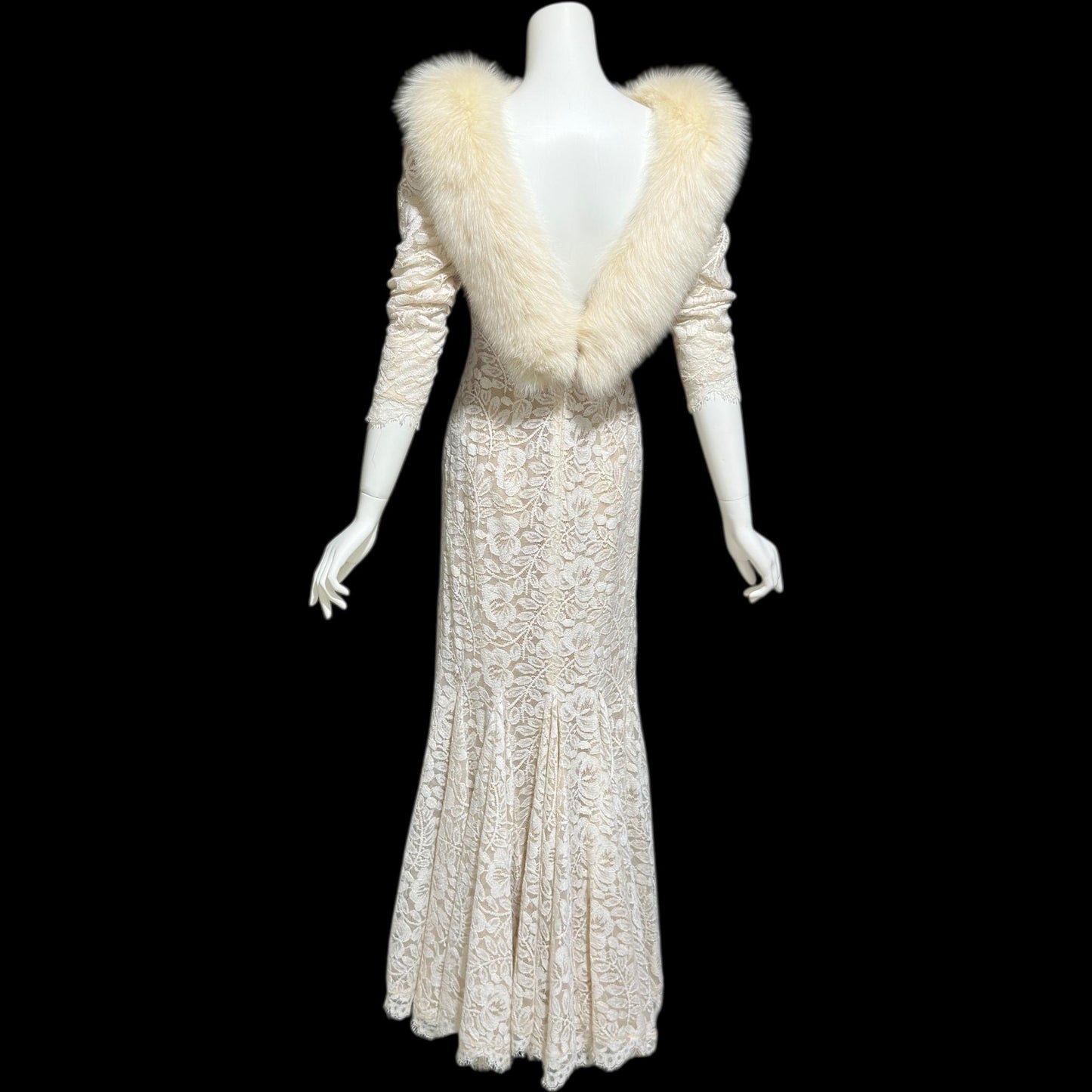 PAT RICHARDS Michael Maiello, vintage 1980s evening dress, white lace & fox collar dynasty glam gown