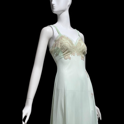 VAN RAALTE MYTH vintage 1950s Nightgown Slip Dress: Pale celadon green Nylon beaded night Dress