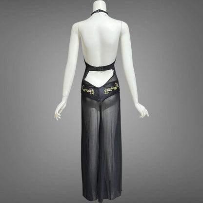 JACALYN BENNETT for FREDERICK'S of Hollywood, vintage Y2K nightgown slip dress, black silk and mesh
