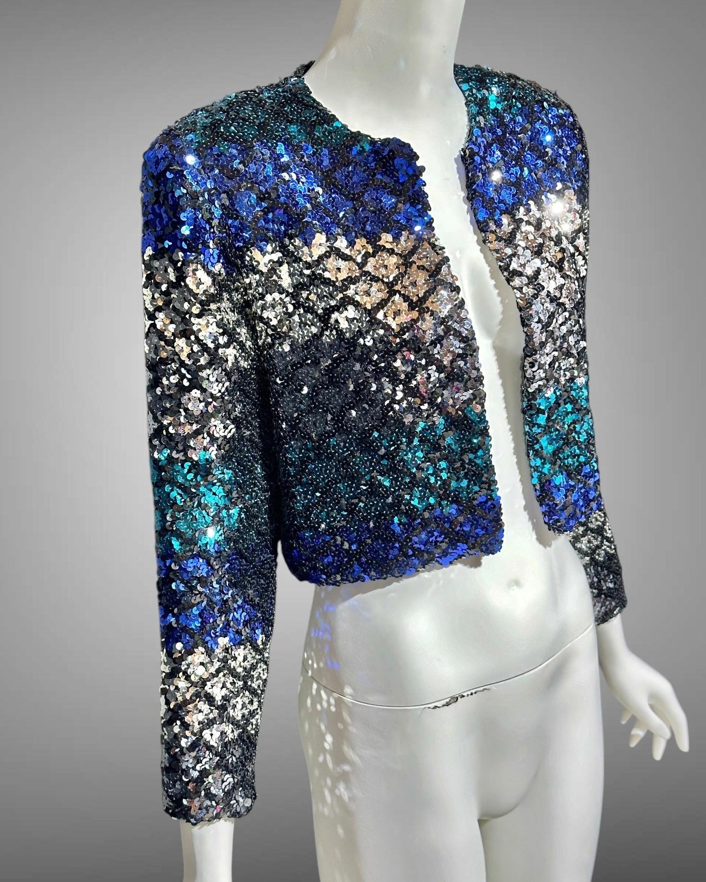 LILLIE RUBIN vintage Evening jacket, 1980s ombre sequins blue black silver cocktails party cropped jacket