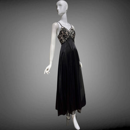VANITY FAIR Vintage 1950s nightgown slip dress, Black Nylon Metallic Lace Lingerie dress