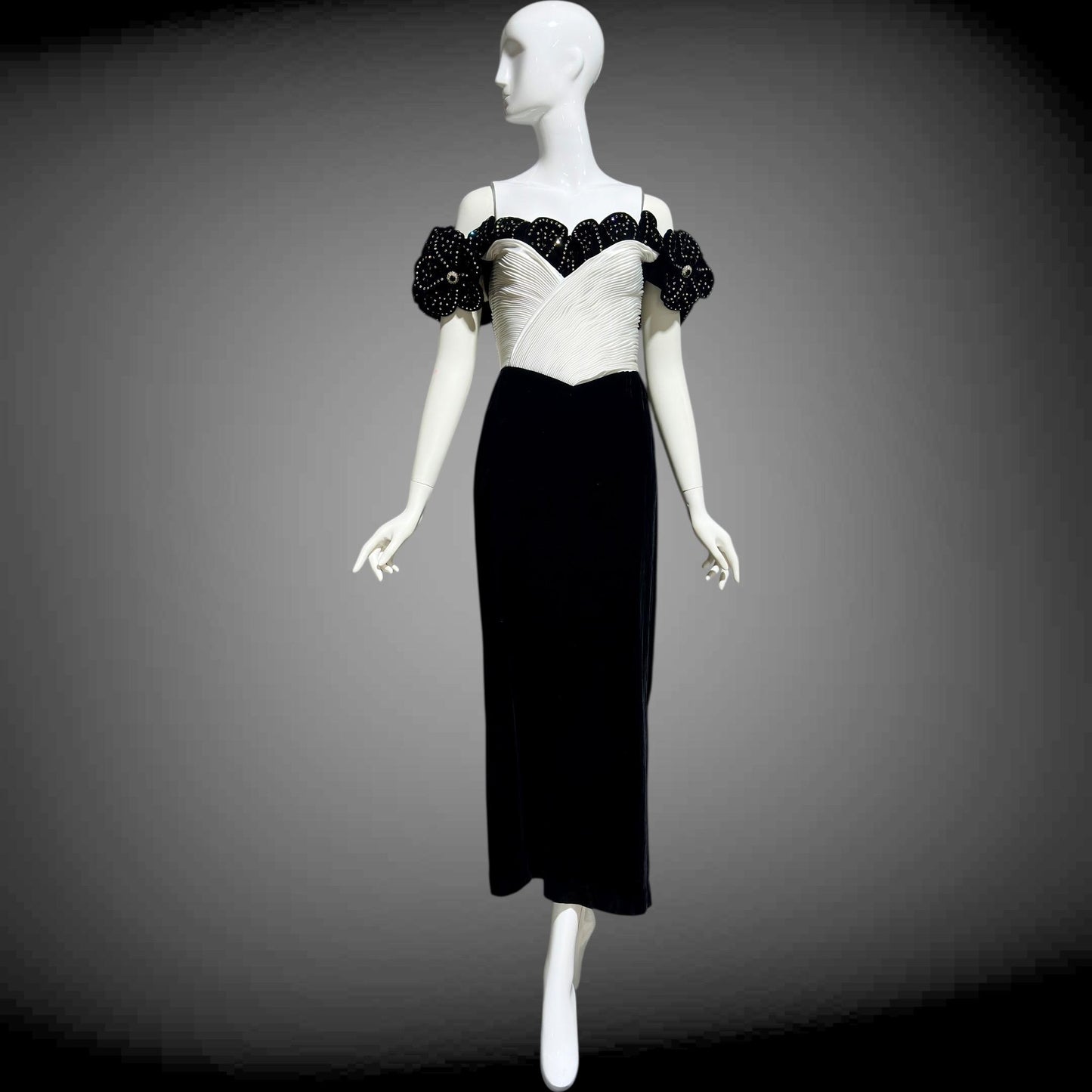 1980s Vintage evening dress gown,  Black Velvet White Plisse and Rhinestones off shoulder gown