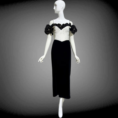 1980s Vintage evening dress gown,  Black Velvet White Plisse and Rhinestones off shoulder gown