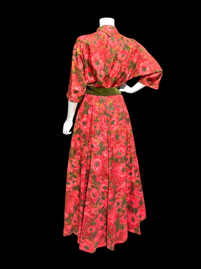 EVELYN PEARSON Lounging Apparel, vintage 1950s house dress, red and green floral cotton day dress