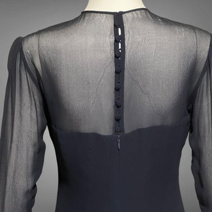 JEAN-LOUIS SCHERRER, vintage 1980s evening cocktail dress, navy blue sheer silk dress