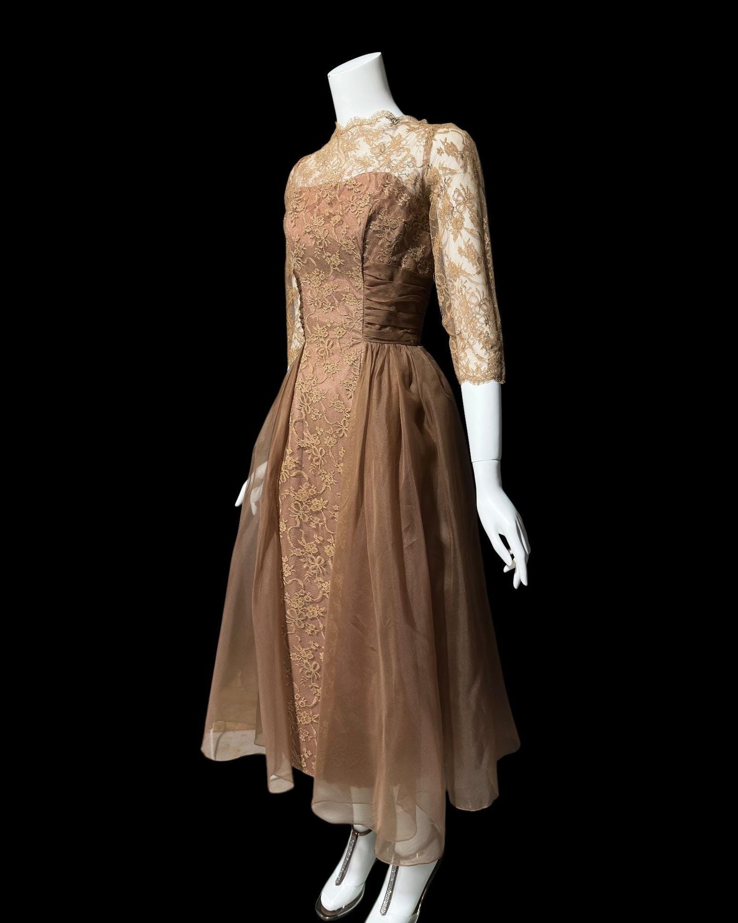 CLIFTON WILHITE vintage 1950s dress, Mocha Mousse lace organza evening cocktail party dress