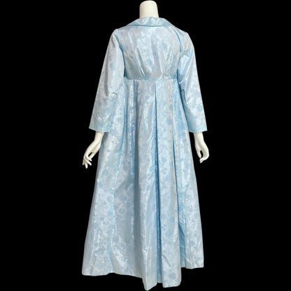 1960s Vintage evening gown and opera coat ensemble, baby blue damask custom mod column dress and duster set