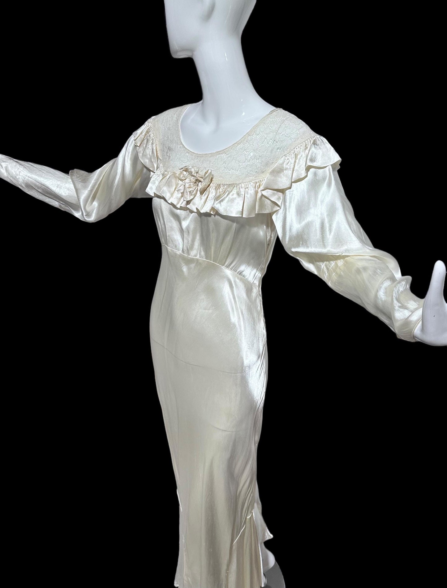 1930s vintage liquid satin wedding dress, shiny bias cut sheath bridal gown, full length gown with sleeves