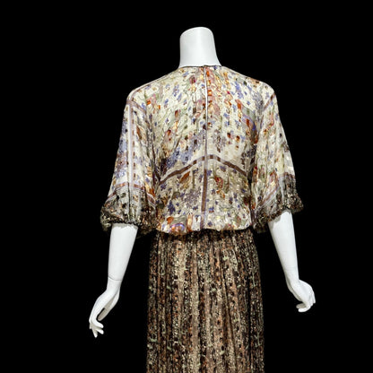 MOLLIE PARNIS, vintage 1970s evening dress, brown silk blouson formal gown