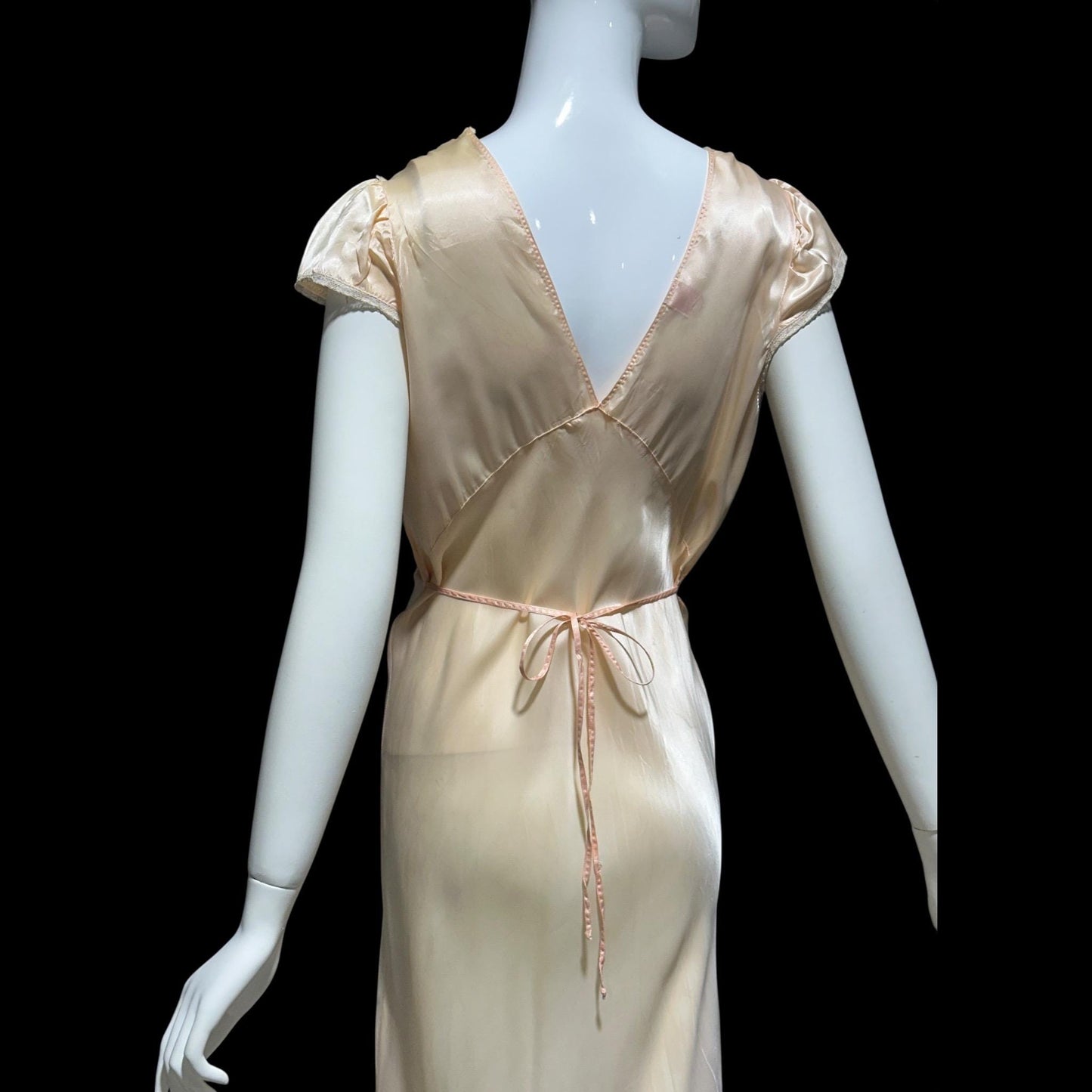 Femicraft vintage 1930s Rayon Slip Dress: Bias Cut Shiny Pale Peach Nightgown, Lace Trim