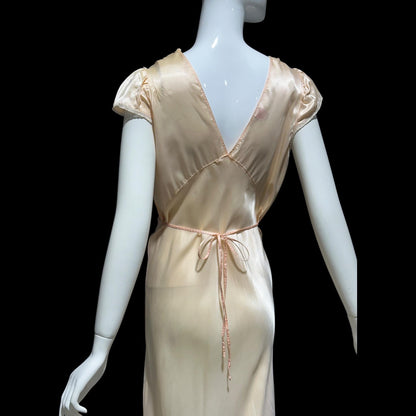 Femicraft vintage 1930s Rayon Slip Dress: Bias Cut Shiny Pale Peach Nightgown, Lace Trim