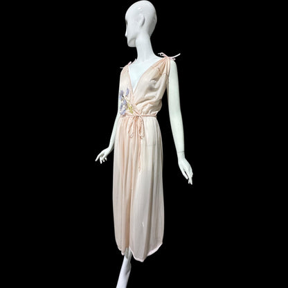 KICKERNICK Vintage 1940s Nightgown Slip dress: Sheer Pink Grecian Goddess gown with flowers