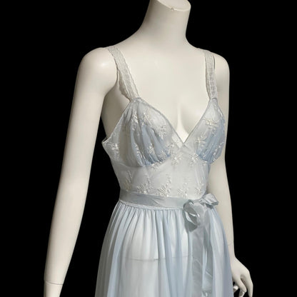 ROGER'S RUN-PROOF 1950s vintage Nightgown: powder blue sheer Nylon Slip Dress with white embroidery