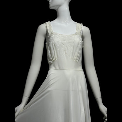 Kickernick, vintage 1940s Nightgown slip dress, white nylon scalloped full sweep night dress, full length
