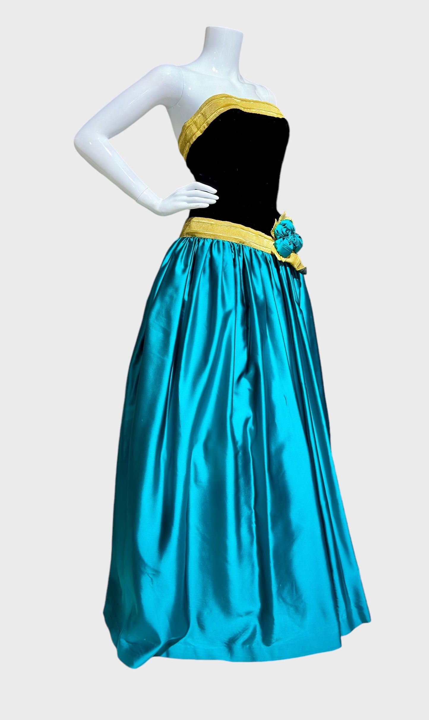 EUGENE ALEXANDER for Neiman Marcus, 1980s evening dress, black & teal rosette ball gown