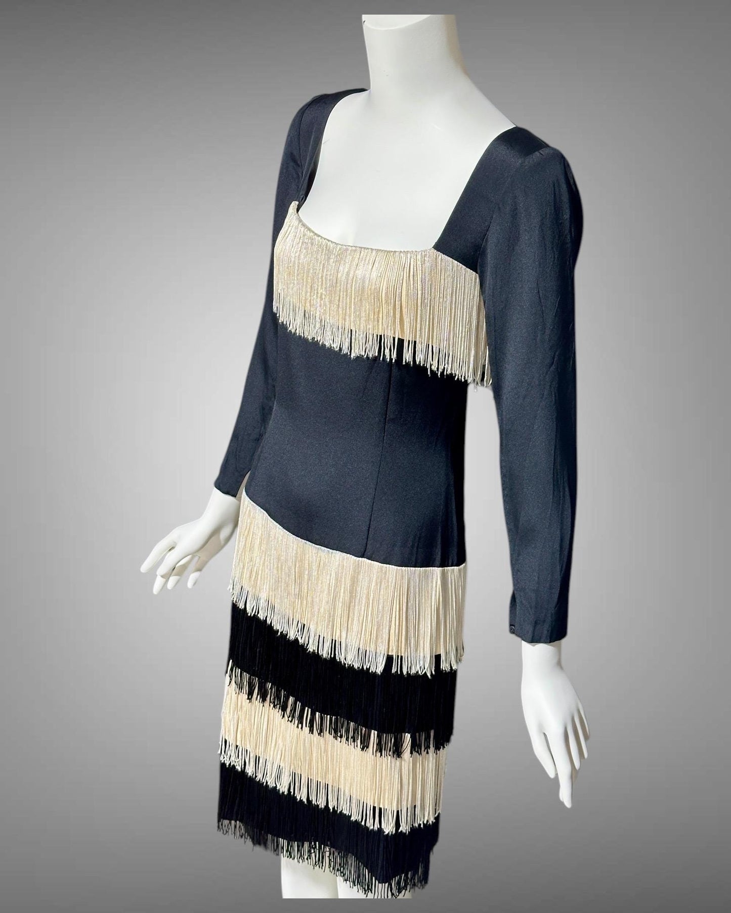 TRAVILLA vintage evening cocktail dress, 1960s black white fringed mod party dress