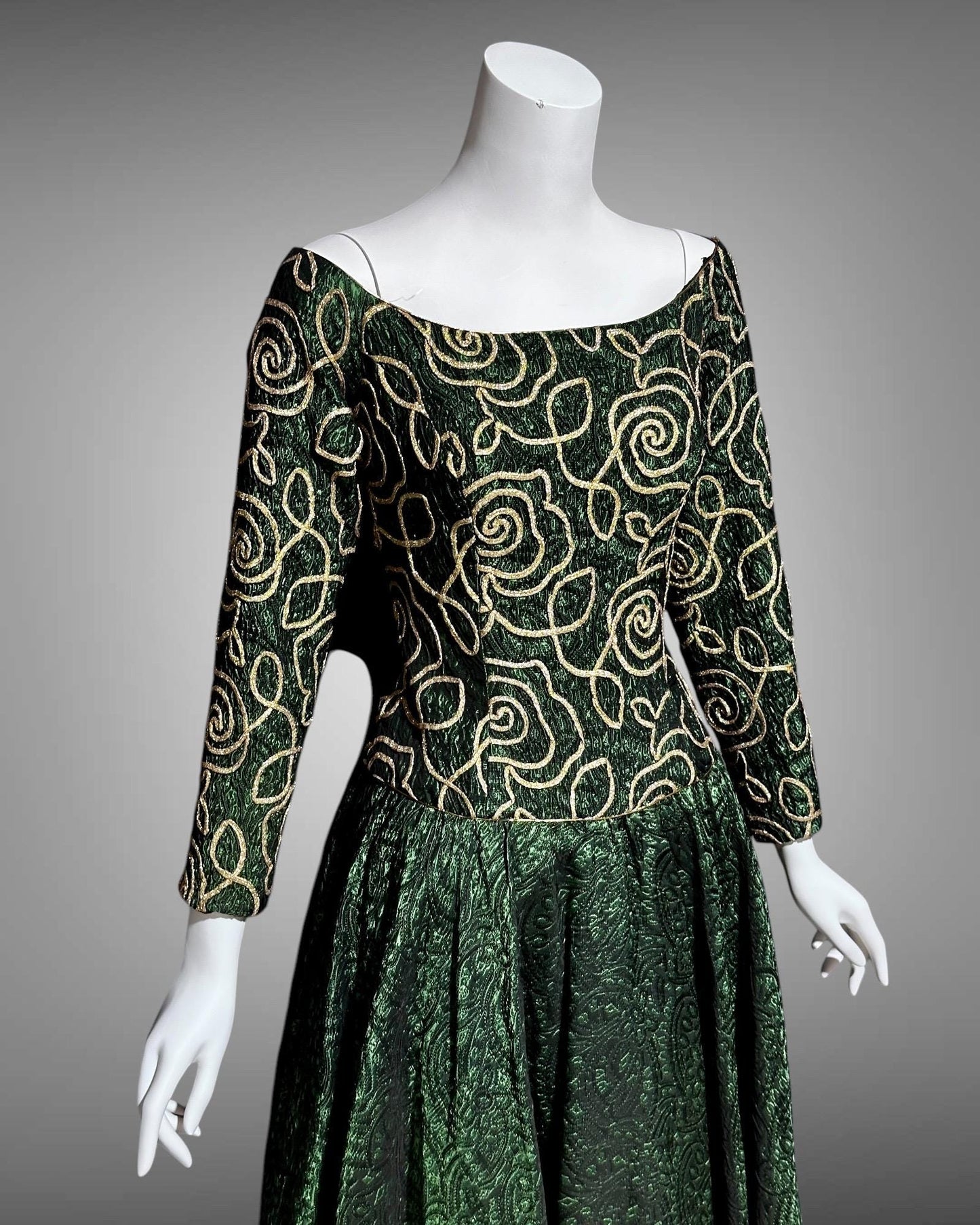 TERENCE NOLDER London, 1980s vintage gown, deep green and gold long sleeve ball gown