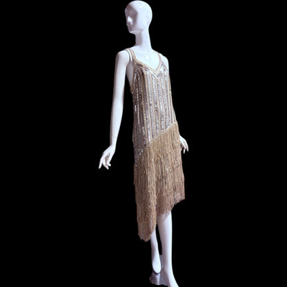 FRANK USHER vintage 1980s evening dress, Silver sequin and fringe cocktail flapper slip dress