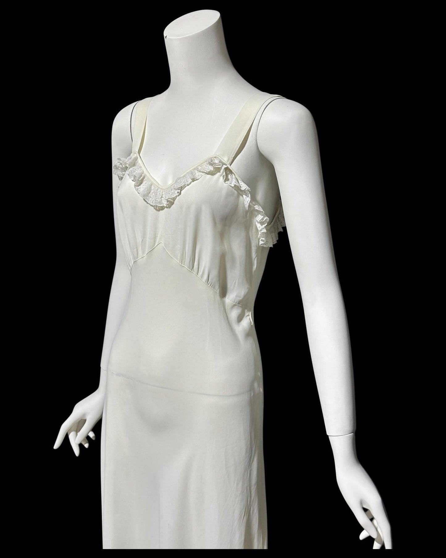 1940s vintage Nightgown slip dress, creamy off white bias cut ruffled slip dress