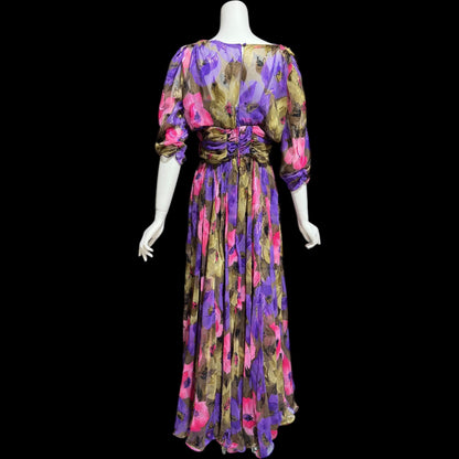 FRANK USHER LONDON, vintage 1980s evening dress, jewel tone floral chiffon with gold metallic