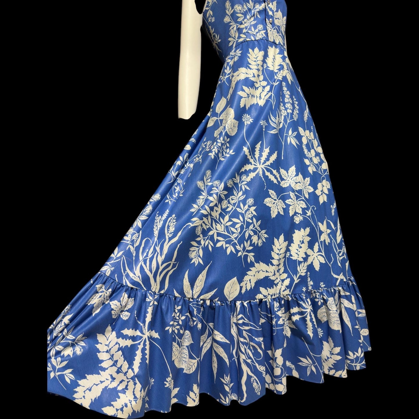 1960s vintage floral maxi dress, Blue white boho hippie halter full ruffle dress, polished cotton summer party sundress