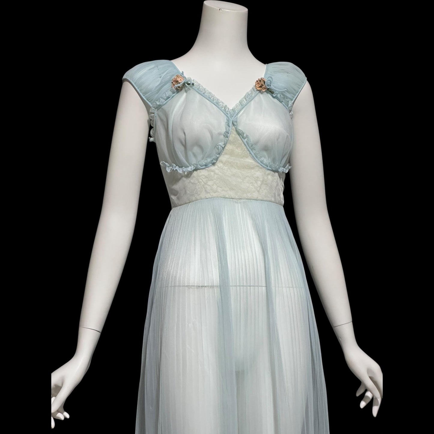 1940s Sheer Nightgown Slip Dress: Totally sheer powder blue micro pleat Old Hollywood Night Dress