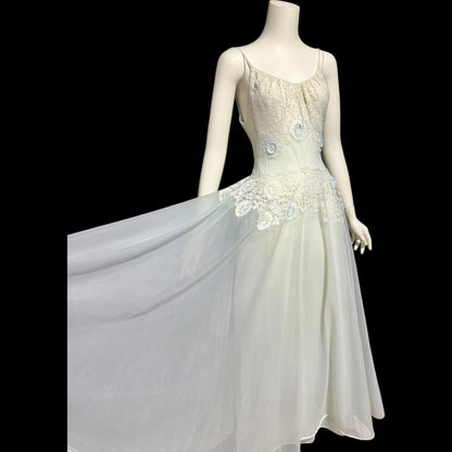 VANITY FAIR, vintage 1950s Nightgown Slip Dress, Sheer Powder Blue Nylon and Lace House Dress