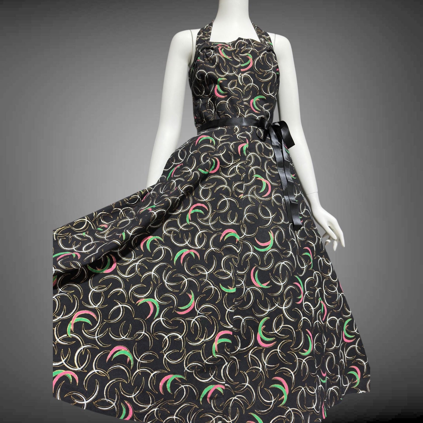 1950s vintage day dress, Shelf bust Halter Sundress, Black and pink cotton pinup dress