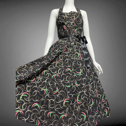 1950s vintage day dress, Shelf bust Halter Sundress, Black and pink cotton pinup dress