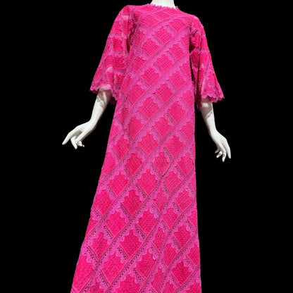 XIHUATL vintage 1960s Mexican cotton day dress, Hot Pink Pintuck Patchwork cotton and lace