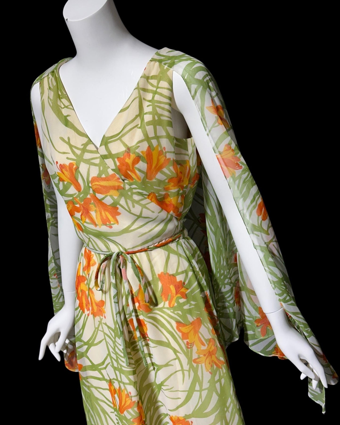 MARITA vintage evening dress gown, 1970s floral poly chiffon cape back scarf dress