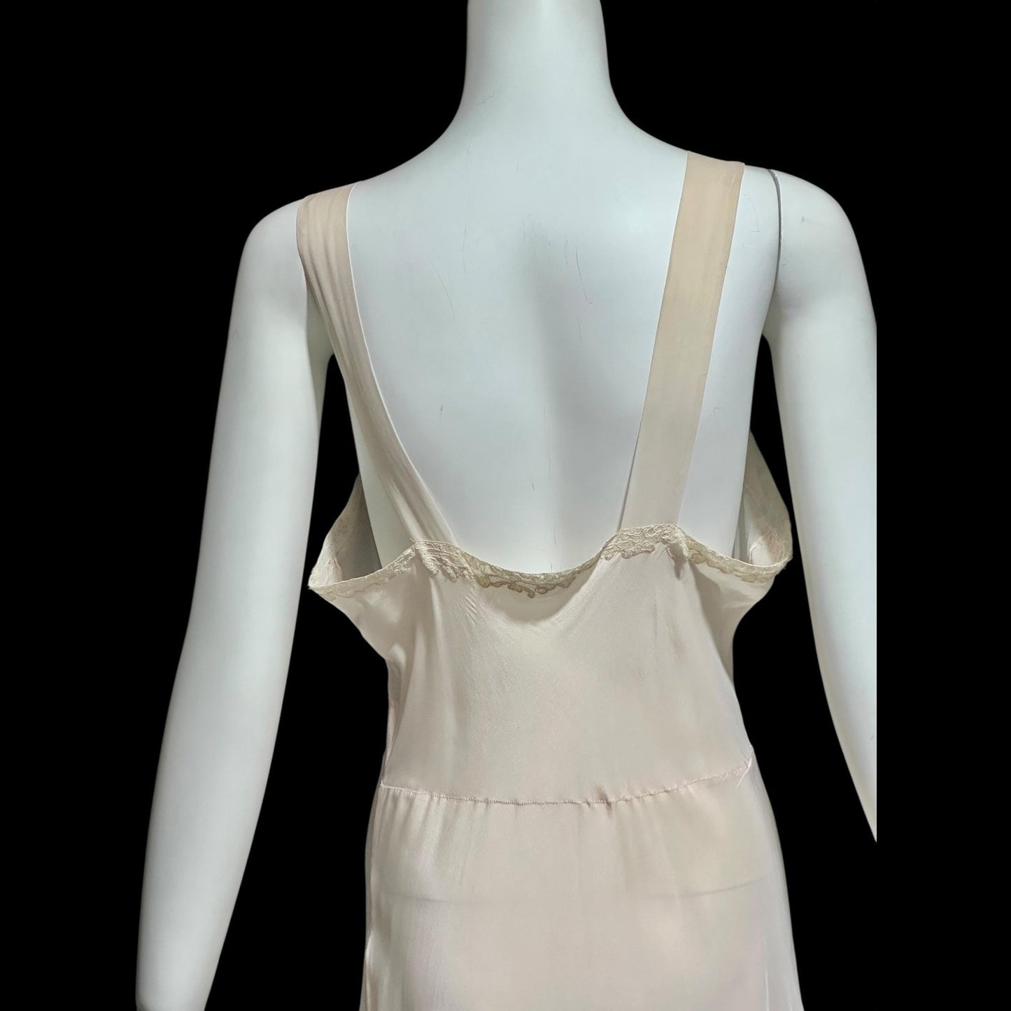 1930s Rayon & Silk Slip Dress: Vintage Bias Cut Pale Pink Nightgown, Lace Trim