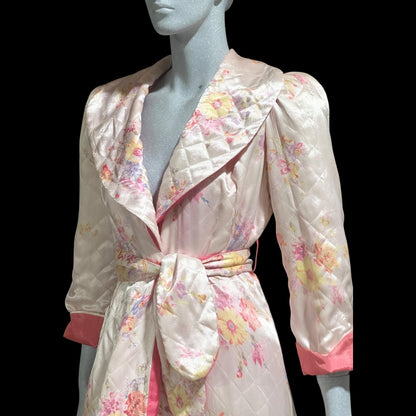 1940s Vintage Quilted Dressing Gown: White and hot pink floral satin wrap front robe