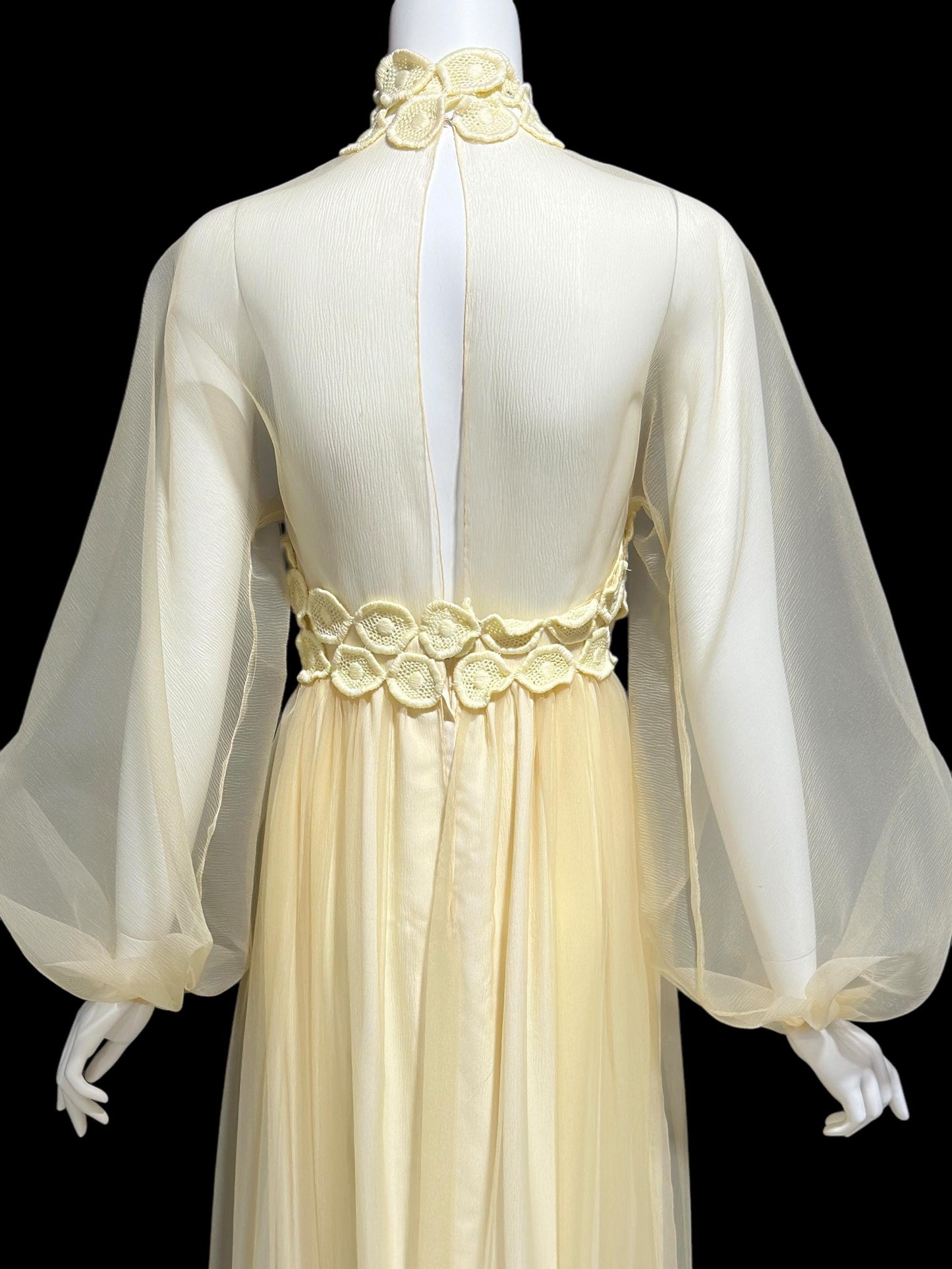 CYRELD PARIS, vintage 1970s chiffon evening dress, WERLE Beverly Hills, pale yellow sheer bishop sleeve dress