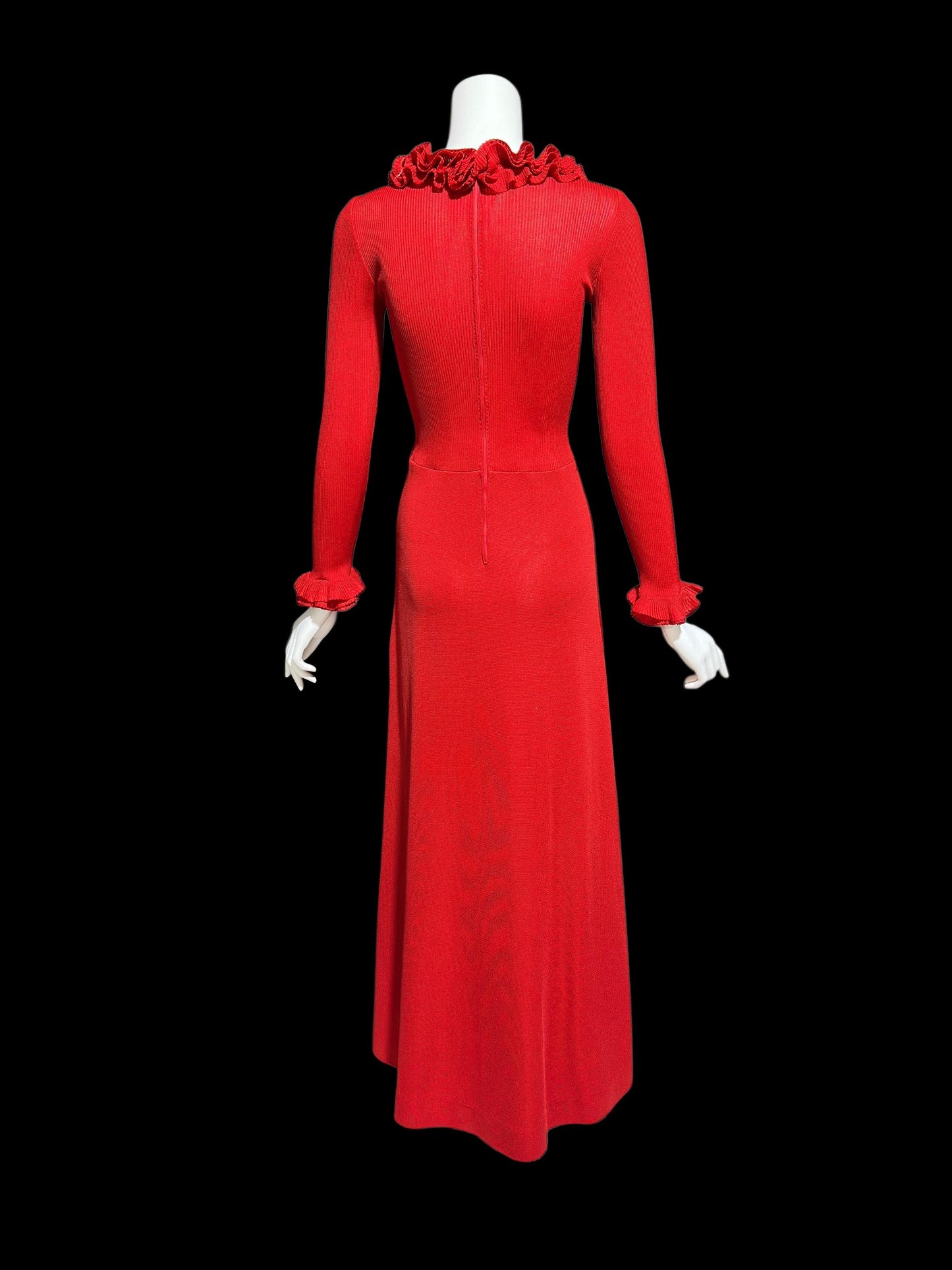 YOUNG DIMENSIONS for SAKS, vintage 1970s red knit maxi dress