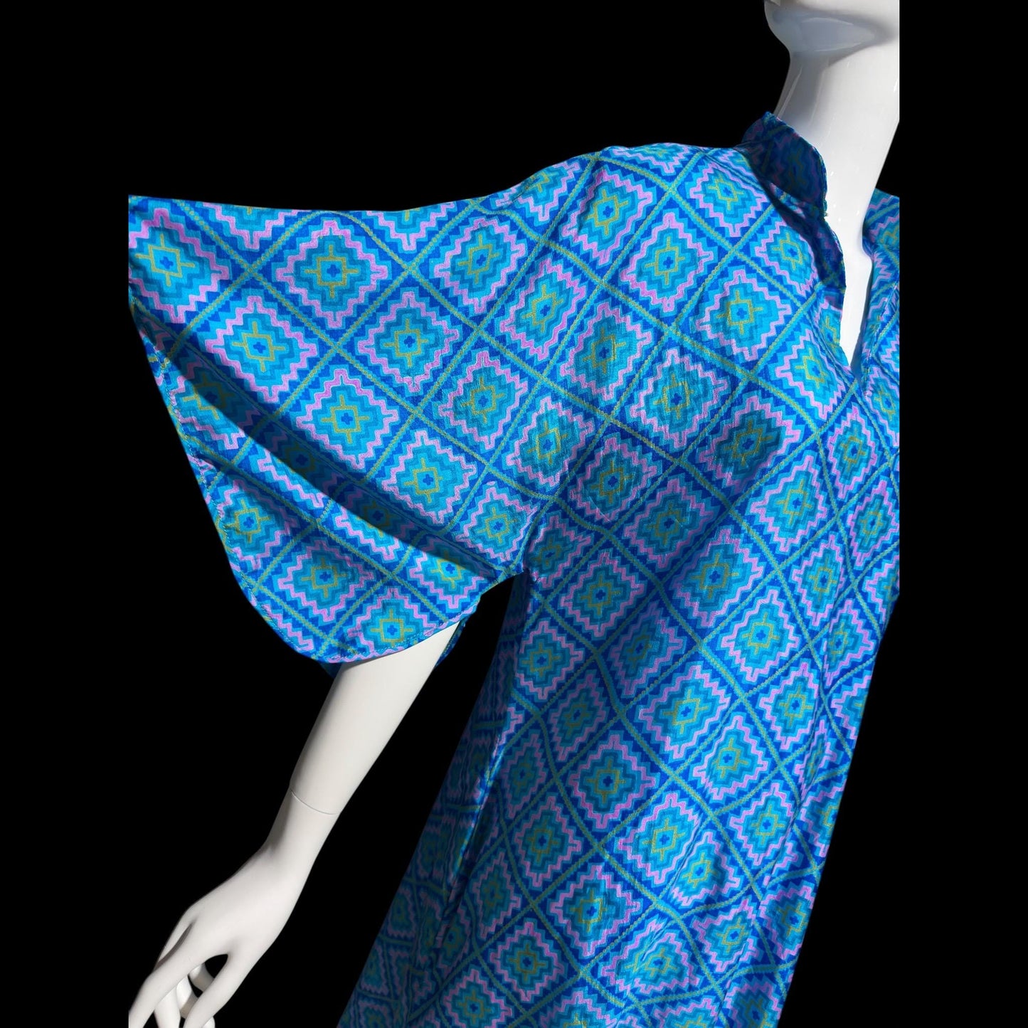 RAKSHA vintage 1970s Silk Caftan dress, Blue and green silk Hippie Boho Maxi Dress
