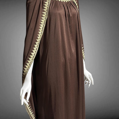 1970s vintage caftan dress, brown and gold metallic kaftan with attached cape