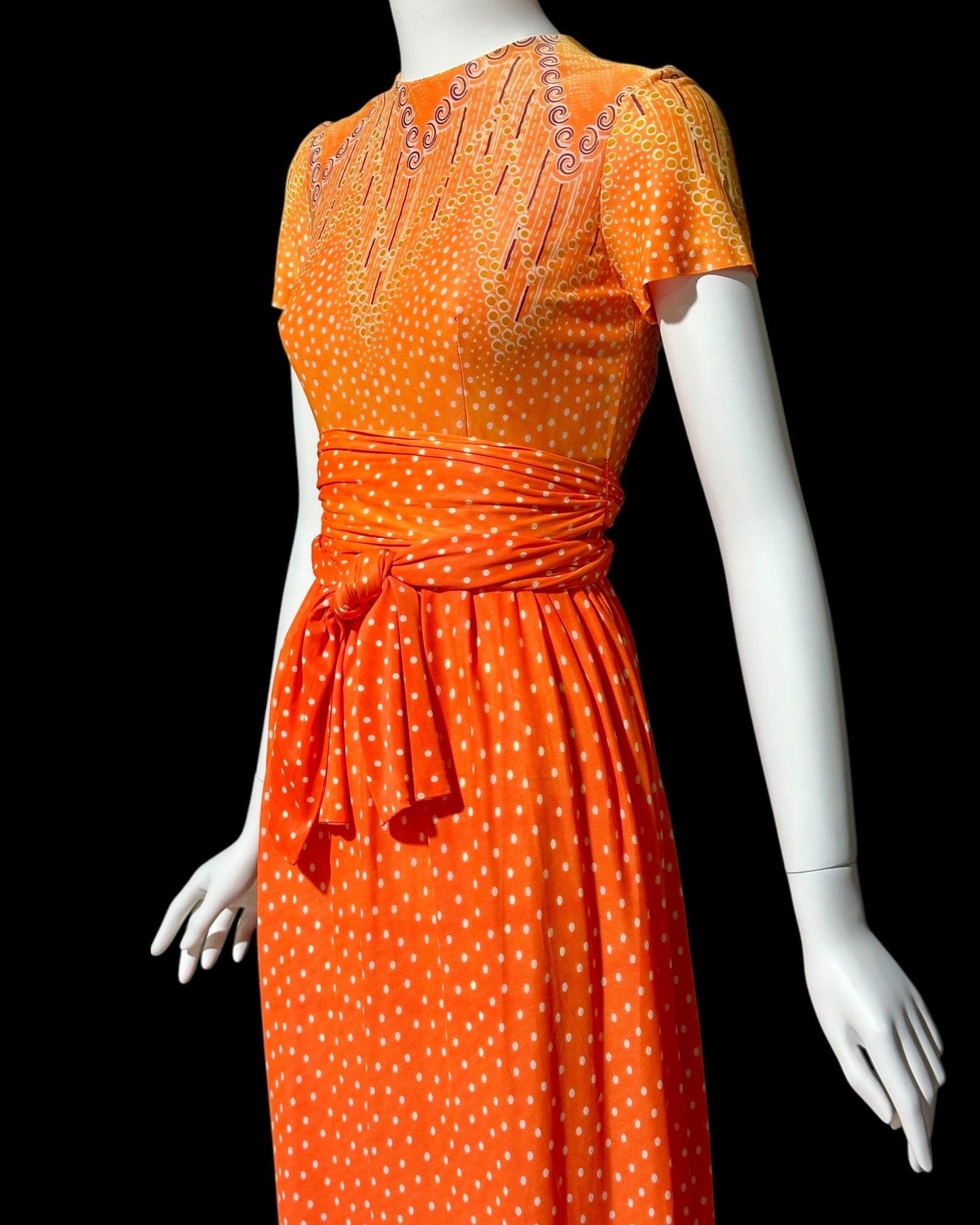 SARMI NY, Vintage 1960s Orange Op Art slinky knit maxi party dress