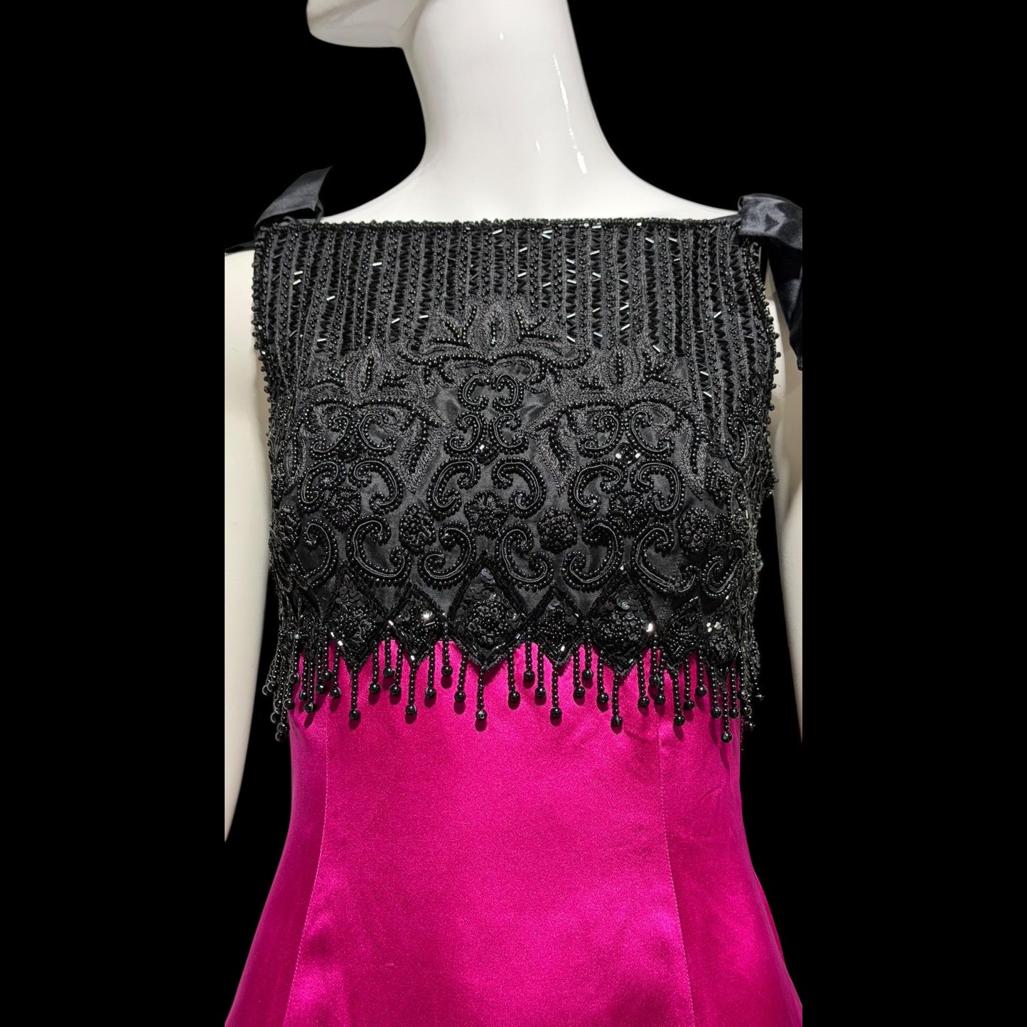 BELLVILLE SASSOON Vintage evening dress gown, SAKS 1980s Black Magenta beaded gown