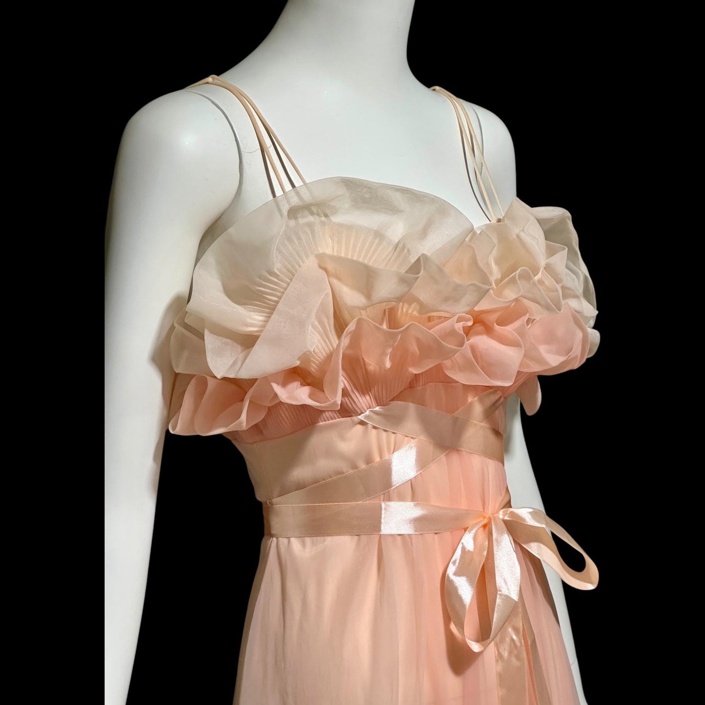 VANITY FAIR, vintage 1950s nightgown slip dress, peaches and cream sheer chiffon ruffles Grecian goddess gown