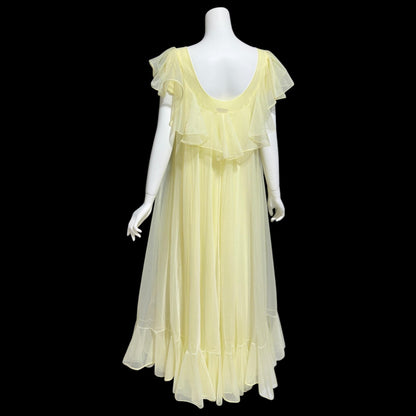 LUCIE ANN Claire Sandra, 1960s Marshall Field daffodil yellow full sweep ruffled nightgown, grecian wrap slip dress