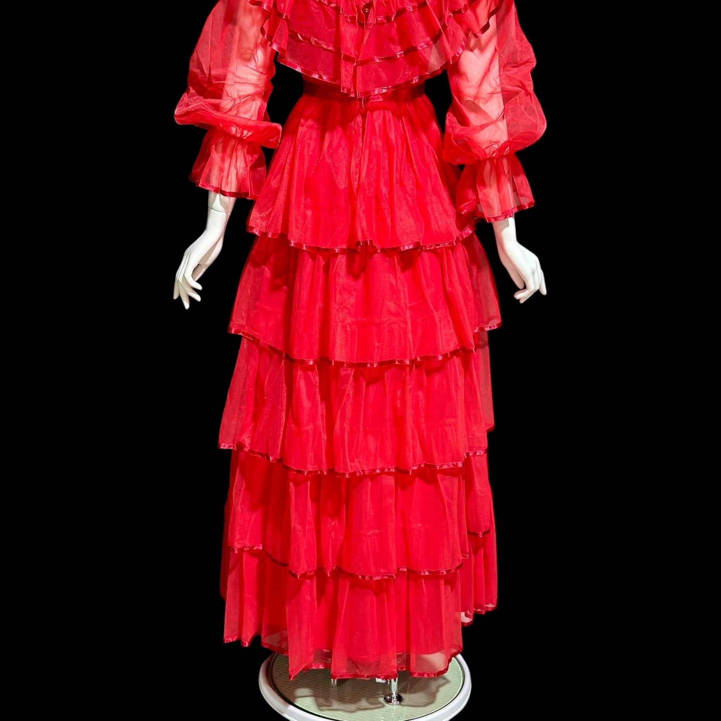 DANCE ALLURE, vintage 1980s evening dress, RED off-the-shoulder prom gown, ruffled tiered skirt