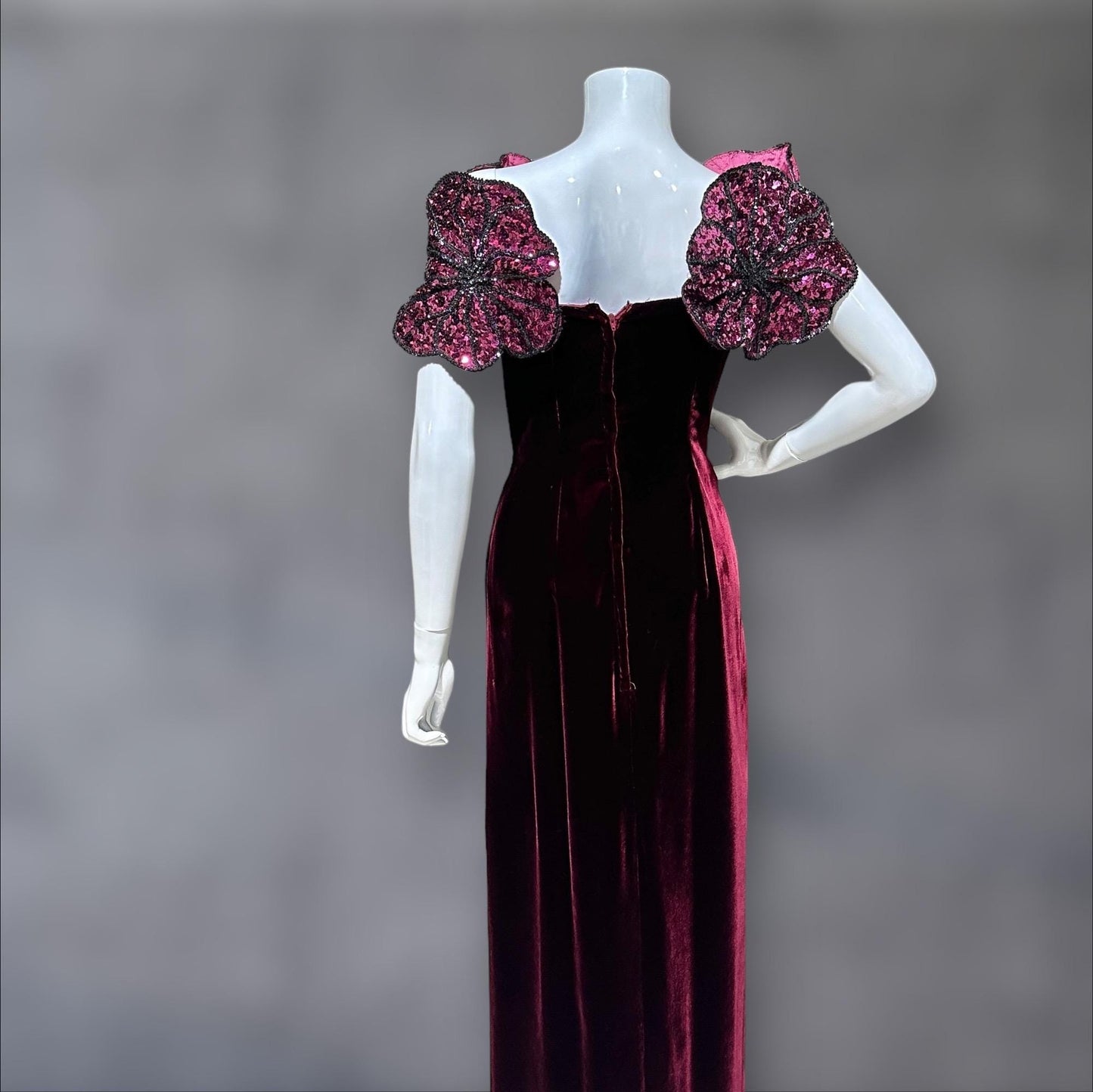 EUGENE ALEXANDER 1980s vintage evening gown, burgundy velvet sheath dress, HUGE Sequin Flowers