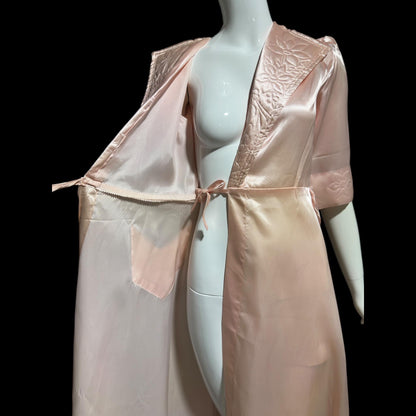 ANITA vintage 1940s Dressing Gown Robe, Made in Cuba Shiny Satin Pink Wrap Housecoat